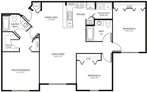 Floor plan for 3 beds, 2 baths, 1275 sqft